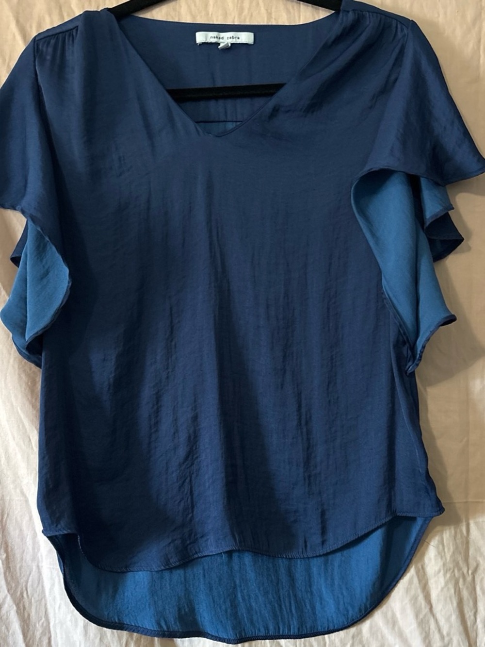 Naked Zebra Double-Ruffle Navy Blue V-Neck Blouse